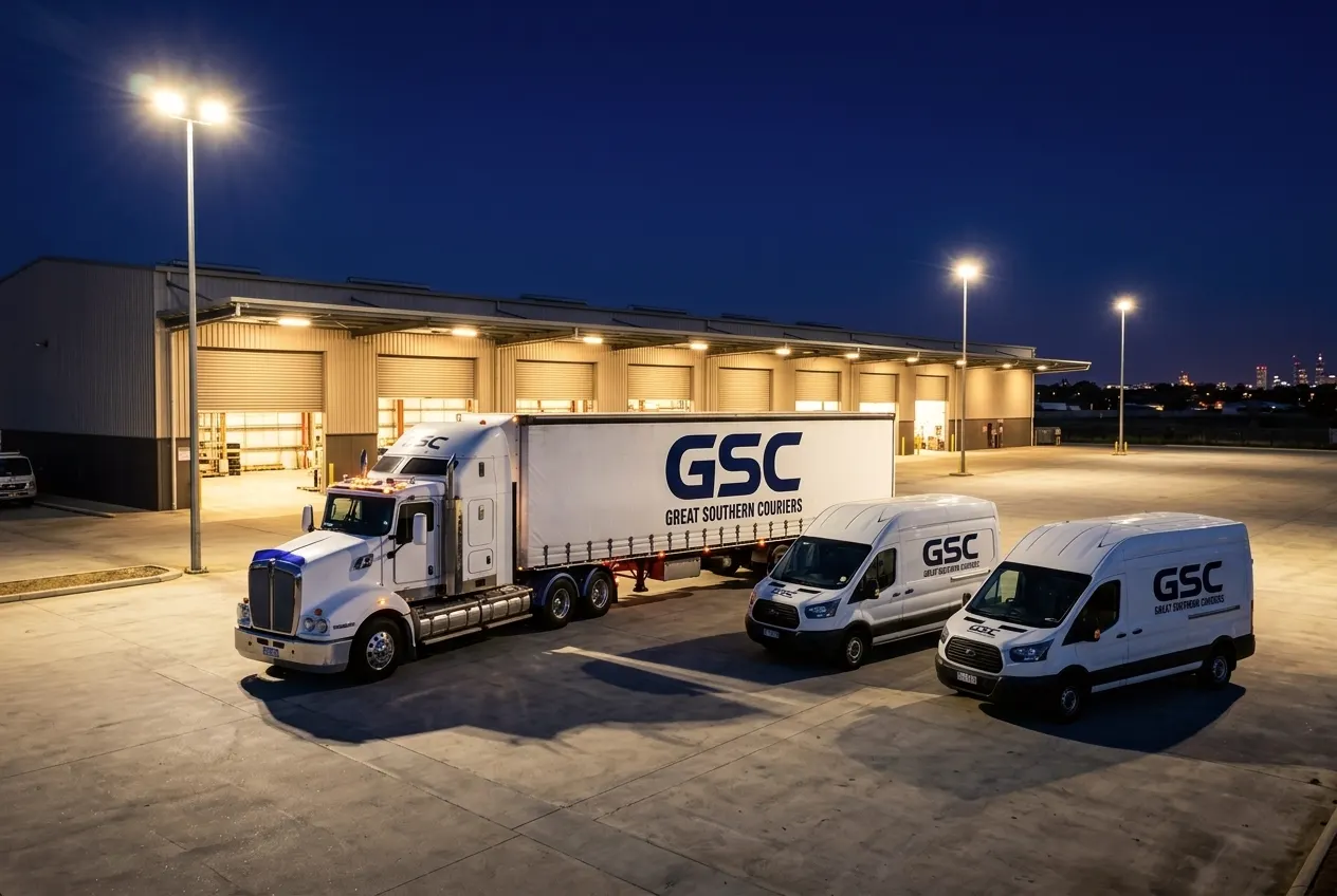 GSC prime mover and two vans parked at a lit depot at night, city skyline in the distance