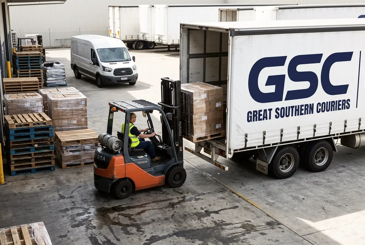 Forklift loading a GSC-liveried semi-trailer at a warehouse dock