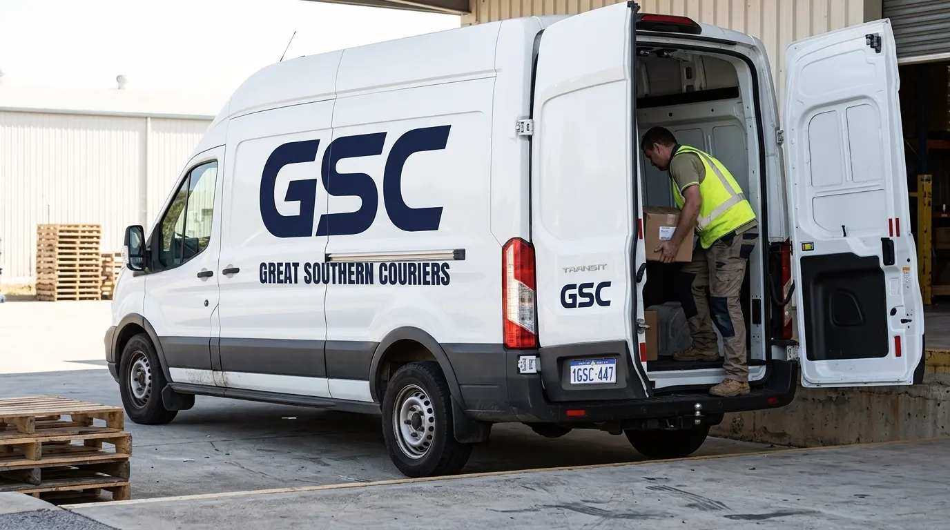 GSC van backed onto a loading dock while a worker in high-visibility clothing loads a carton