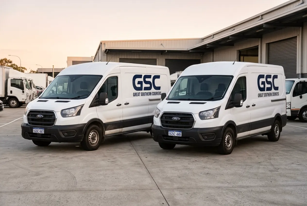 Two GSC-liveried vans parked outside a commercial building at dusk