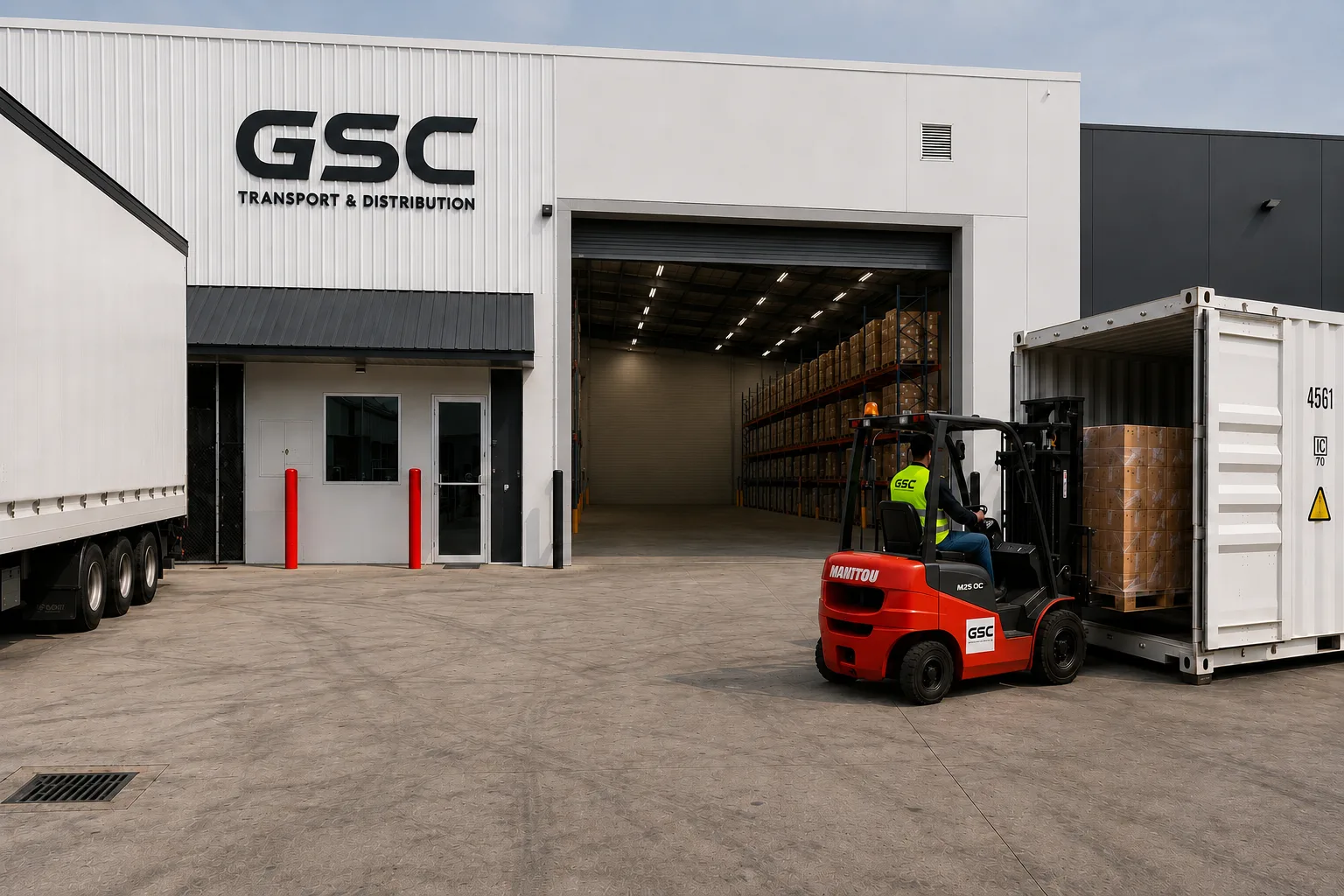 GSC Transport & Distribution depot building, a forklift loading a shipping container beside the building signage
